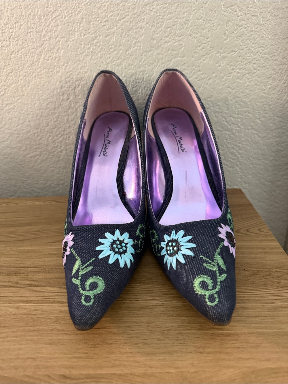 Anne Michelle Denim Pointed-Toe Pumps with Floral Embroidery
